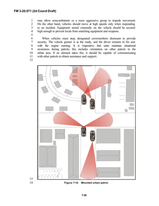 FM 3-20.971 (2d Coord Draft)
7-26
may allow noncombatants or a more aggressive group to impede movement.1
On the other hand, vehicles should move at high speeds only when responding2
to an incident. Equipment stored externally on the vehicle should be secured3
high enough to prevent locals from snatching equipment and weapons.4
5
When vehicles must stop, designated crewmembers dismount to provide6
security. The vehicle gunner is at the ready, and the driver remains in his seat7
with the engine running. It is imperative that units maintain situational8
awareness during patrols; this includes orientation on other patrols in the9
urban area. If an element takes fire, it should be capable of communicating10
with other patrols to obtain assistance and support.11
12
13
Figure 7-10. Mounted urban patrol.14
 