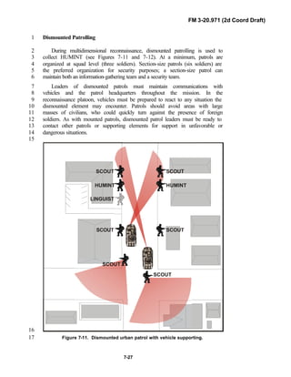 FM 3-20.971 (2d Coord Draft)
7-27
Dismounted Patrolling1
During multidimensional reconnaissance, dismounted patrolling is used to2
collect HUMINT (see Figures 7-11 and 7-12). At a minimum, patrols are3
organized at squad level (three soldiers). Section-size patrols (six soldiers) are4
the preferred organization for security purposes; a section-size patrol can5
maintain both an information-gathering team and a security team.6
Leaders of dismounted patrols must maintain communications with7
vehicles and the patrol headquarters throughout the mission. In the8
reconnaissance platoon, vehicles must be prepared to react to any situation the9
dismounted element may encounter. Patrols should avoid areas with large10
masses of civilians, who could quickly turn against the presence of foreign11
soldiers. As with mounted patrols, dismounted patrol leaders must be ready to12
contact other patrols or supporting elements for support in unfavorable or13
dangerous situations.14
15
SCOUT
HUMINT
SCOUT
SCOUT
HUMINT
LINGUIST
SCOUT
SCOUT
SCOUT
16
Figure 7-11. Dismounted urban patrol with vehicle supporting.17
 