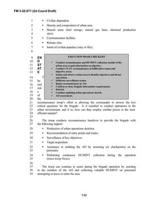 FM 3-20.971 (2d Coord Draft)
7-32
• Civilian disposition.1
• Density and composition of urban area.2
• Hazard areas (fuel storage, natural gas lines, chemical production3
sites).4
• Communication facilities.5
• Retrans sites.6
• Intent of civilian populace (stay or flee).7
8
EN9
D10
ST11
AT12
E13
T14
he15
end16
stat17
e18
of19
the20
reconnaissance troop’s effort is allowing the commander to answer the two21
critical questions for the brigade: Is it essential to conduct operations in the22
urban environment, and if so, how can they employ combat power in the most23
efficient manner?24
25
The troop conducts reconnaissance handover to provide the brigade with26
the following support:27
• Production of urban operations sketches.28
• Recommendation of entry points and routes.29
• Surveillance of key objectives.30
• Target acquisition.31
• Assistance in isolating the AO by screening (or checkpoints) on the32
perimeter.33
• Performing continuous HUMINT collection during the operation34
(reece troop focus).35
36
The troop can continue to assist during the brigade operation by assisting37
in the isolation of the AO and collecting valuable HUMINT on personnel38
attempting to leave or enter the area.39
EXECUTION PHASE CHECKLIST
ü Conduct reconnaissance and HUMINT collection outside of the
urban area to gain information on objective.
ü Conduct TUAV reconnaissance of infiltration routes and
objective areas.
ü Isolate and observe urban area to identify objectives and threat
operations.
ü Infiltrate surveillance teams.
ü Begin reconnaissance in AO.
ü Confirm or deny brigade information requirements.
ü Debrief.
ü Continue updating urban operations sketch.
ü AO assessment.
 
