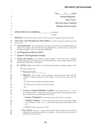 FM 3-20.971 (2d Coord Draft)
A-3
Copy _____ of _____copies1
Issuing headquarters2
Place of issue3
Date-time group of signature4
Message reference number5
6
OPERATION PLAN (ORDER)____________(code name)7
(number)8
References: What map sheet, charts, datum, or other documents are required to understand the order.9
Time Zone Used Throughout the Plan (Order): Use Zulu for operations spanning more than10
one time zone.11
* Task Organization: One level down pure, task organize two levels down. Include BOS that are task12
organized; i.e., engineer, ADA, and intel assets (see example below). List major systems. Ensure units13
are sequenced properly: type, size, numerically, alphabetically.14
* Task Organization Effective (DTG):15
* Squadron Task Organization Example:16
* Terrain and Weather: Post MCOO over higher’s graphics. MCOO must contain: Obstacles17
(manmade and natural), restricted and severely restricted terrain, key terrain, avenues of approach (AA)18
and mobility corridors (MC), unit boundaries.19
(a) Terrain: OAKOC F and E, REF 1: 50 map with AO/AI identified, using higher’s graphics. Refer20
to21
FM 2-00.21 [FM 34-2-1].22
* The terrain favors__________.23
* Obstacles: What are they: severely restricted, restricted, manmade, natural, and dirty24
battlefield. Obstacles identify MCs, which identify AAs. Name cities, major roads, and25
rivers.26
- F: Effects of foot, wheeled, and tracked movement.27
- E: Effects of foot, wheeled, and tracked movement.28
- C:29
* Avenues of Approach/Mobility Corridors: State up front: There are ___ AAs in30
our AO. What are they: number them by priority, ground (mounted and dismounted), and air.31
Enemy (Threat) AAs are red and friendly AAs are blue.32
- Avenues of Approach: One level down; discuss the size force it can support.33
- Mobility Corridors: Two levels down; discuss the size force it can support, linkage34
to AA or bypass; i.e., MC #1 is a ___ size MC that runs North to South and links AA1 to35
AA2.36
- Air AA: Fixed or rotary wing, or TUAV.37
* Key Terrain: There are ____ pieces of key terrain in our AO. What are they: circle with38
a purple K and number them by priority of importance. Describe the facts of each and how39
each affects friendly and enemy:40
 