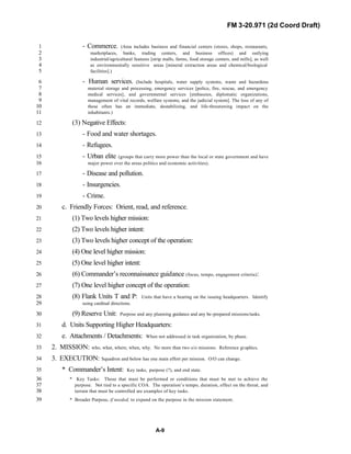 FM 3-20.971 (2d Coord Draft)
A-9
- Commerce. (Area includes business and financial centers (stores, shops, restaurants,1
marketplaces, banks, trading centers, and business offices) and outlying2
industrial/agricultural features [strip malls, farms, food storage centers, and mills], as well3
as environmentally sensitive areas [mineral extraction areas and chemical/biological4
facilities].)5
- Human services. (Include hospitals, water supply systems, waste and hazardous6
material storage and processing, emergency services [police, fire, rescue, and emergency7
medical services], and governmental services [embassies, diplomatic organizations,8
management of vital records, welfare systems, and the judicial system]. The loss of any of9
these often has an immediate, destabilizing, and life-threatening impact on the10
inhabitants.)11
(3) Negative Effects:12
- Food and water shortages.13
- Refugees.14
- Urban elite (groups that carry more power than the local or state government and have15
major power over the areas politics and economic activities).16
- Disease and pollution.17
- Insurgencies.18
- Crime.19
c. Friendly Forces: Orient, read, and reference.20
(1) Two levels higher mission:21
(2) Two levels higher intent:22
(3) Two levels higher concept of the operation:23
(4) One level higher mission:24
(5) One level higher intent:25
(6) Commander’s reconnaissance guidance (focus, tempo, engagement criteria):26
(7) One level higher concept of the operation:27
(8) Flank Units T and P: Units that have a bearing on the issuing headquarters. Identify28
using cardinal directions.29
(9) Reserve Unit: Purpose and any planning guidance and any be-prepared missions/tasks.30
d. Units Supporting Higher Headquarters:31
e. Attachments / Detachments: When not addressed in task organization, by phase.32
2. MISSION: who, what, where, when, why. No more than two o/o missions. Reference graphics.33
3. EXECUTION: Squadron and below has one main effort per mission. O/O can change.34
* Commander’s Intent: Key tasks, purpose (?), and end state.35
* Key Tasks: Those that must be performed or conditions that must be met to achieve the36
purpose. Not tied to a specific COA. The operation’s tempo, duration, effect on the threat, and37
terrain that must be controlled are examples of key tasks.38
* Broader Purpose, if needed, to expand on the purpose in the mission statement.39
 