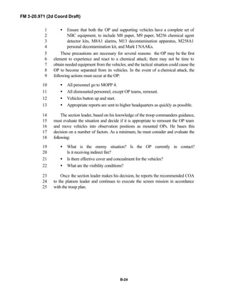 FM 3-20.971 (2d Coord Draft)
B-24
• Ensure that both the OP and supporting vehicles have a complete set of1
NBC equipment, to include M8 paper, M9 paper, M256 chemical agent2
detector kits, M8A1 alarms, M13 decontamination apparatus, M258A13
personal decontamination kit, and Mark I NAAKs.4
These precautions are necessary for several reasons: the OP may be the first5
element to experience and react to a chemical attack; there may not be time to6
obtain needed equipment from the vehicles; and the tactical situation could cause the7
OP to become separated from its vehicles. In the event of a chemical attack, the8
following actions must occur at the OP:9
• All personnel go to MOPP 4.10
• All dismounted personnel, except OP teams, remount.11
• Vehicles button up and start.12
• Appropriate reports are sent to higher headquarters as quickly as possible.13
The section leader, based on his knowledge of the troop commanders guidance,14
must evaluate the situation and decide if it is appropriate to remount the OP team15
and move vehicles into observation positions as mounted OPs. He bases this16
decision on a number of factors. As a minimum, he must consider and evaluate the17
following:18
• What is the enemy situation? Is the OP currently in contact?19
Is it receiving indirect fire?20
• Is there effective cover and concealment for the vehicles?21
• What are the visibility conditions?22
Once the section leader makes his decision, he reports the recommended COA23
to the platoon leader and continues to execute the screen mission in accordance24
with the troop plan.25
 