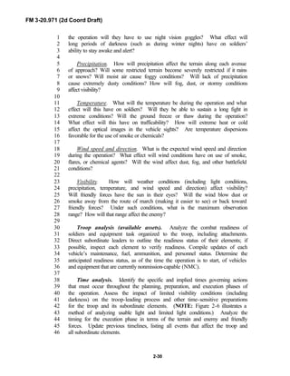 FM 3-20.971 (2d Coord Draft)
2-30
the operation will they have to use night vision goggles? What effect will1
long periods of darkness (such as during winter nights) have on soldiers’2
ability to stay awake and alert?3
4
Precipitation. How will precipitation affect the terrain along each avenue5
of approach? Will some restricted terrain become severely restricted if it rains6
or snows? Will moist air cause foggy conditions? Will lack of precipitation7
cause extremely dusty conditions? How will fog, dust, or stormy conditions8
affect visibility?9
10
Temperature. What will the temperature be during the operation and what11
effect will this have on soldiers? Will they be able to sustain a long fight in12
extreme conditions? Will the ground freeze or thaw during the operation?13
What effect will this have on trafficability? How will extreme heat or cold14
affect the optical images in the vehicle sights? Are temperature dispersions15
favorable for the use of smoke or chemicals?16
17
Wind speed and direction. What is the expected wind speed and direction18
during the operation? What effect will wind conditions have on use of smoke,19
flares, or chemical agents? Will the wind affect dust, fog, and other battlefield20
conditions?21
22
Visibility. How will weather conditions (including light conditions,23
precipitation, temperature, and wind speed and direction) affect visibility?24
Will friendly forces have the sun in their eyes? Will the wind blow dust or25
smoke away from the route of march (making it easier to see) or back toward26
friendly forces? Under such conditions, what is the maximum observation27
range? How will that range affect the enemy?28
29
Troop analysis (available assets). Analyze the combat readiness of30
soldiers and equipment task organized to the troop, including attachments.31
Direct subordinate leaders to outline the readiness status of their elements; if32
possible, inspect each element to verify readiness. Compile updates of each33
vehicle’s maintenance, fuel, ammunition, and personnel status. Determine the34
anticipated readiness status, as of the time the operation is to start, of vehicles35
and equipment that are currently nonmission-capable (NMC).36
37
Time analysis. Identify the specific and implied times governing actions38
that must occur throughout the planning, preparation, and execution phases of39
the operation. Assess the impact of limited visibility conditions (including40
darkness) on the troop-leading process and other time-sensitive preparations41
for the troop and its subordinate elements. (NOTE: Figure 2-6 illustrates a42
method of analyzing usable light and limited light conditions.) Analyze the43
timing for the execution phase in terms of the terrain and enemy and friendly44
forces. Update previous timelines, listing all events that affect the troop and45
all subordinate elements.46
 