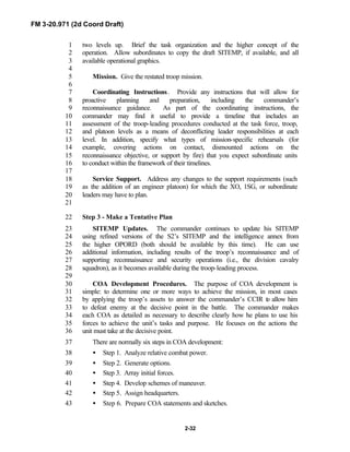 FM 3-20.971 (2d Coord Draft)
2-32
two levels up. Brief the task organization and the higher concept of the1
operation. Allow subordinates to copy the draft SITEMP, if available, and all2
available operational graphics.3
4
Mission. Give the restated troop mission.5
6
Coordinating Instructions. Provide any instructions that will allow for7
proactive planning and preparation, including the commander’s8
reconnaissance guidance. As part of the coordinating instructions, the9
commander may find it useful to provide a timeline that includes an10
assessment of the troop-leading procedures conducted at the task force, troop,11
and platoon levels as a means of deconflicting leader responsibilities at each12
level. In addition, specify what types of mission-specific rehearsals (for13
example, covering actions on contact, dismounted actions on the14
reconnaissance objective, or support by fire) that you expect subordinate units15
to conduct within the framework of their timelines.16
17
Service Support. Address any changes to the support requirements (such18
as the addition of an engineer platoon) for which the XO, 1SG, or subordinate19
leaders may have to plan.20
21
Step 3 - Make a Tentative Plan22
SITEMP Updates. The commander continues to update his SITEMP23
using refined versions of the S2’s SITEMP and the intelligence annex from24
the higher OPORD (both should be available by this time). He can use25
additional information, including results of the troop’s reconnaissance and of26
supporting reconnaissance and security operations (i.e., the division cavalry27
squadron), as it becomes available during the troop-leading process.28
29
COA Development Procedures. The purpose of COA development is30
simple: to determine one or more ways to achieve the mission, in most cases31
by applying the troop’s assets to answer the commander’s CCIR to allow him32
to defeat enemy at the decisive point in the battle. The commander makes33
each COA as detailed as necessary to describe clearly how he plans to use his34
forces to achieve the unit’s tasks and purpose. He focuses on the actions the35
unit must take at the decisive point.36
There are normally six steps in COA development:37
• Step 1. Analyze relative combat power.38
• Step 2. Generate options.39
• Step 3. Array initial forces.40
• Step 4. Develop schemes of maneuver.41
• Step 5. Assign headquarters.42
• Step 6. Prepare COA statements and sketches.43
 