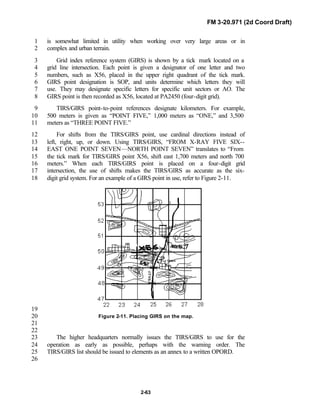 FM 3-20.971 (2d Coord Draft)
2-63
is somewhat limited in utility when working over very large areas or in1
complex and urban terrain.2
Grid index reference system (GIRS) is shown by a tick mark located on a3
grid line intersection. Each point is given a designator of one letter and two4
numbers, such as X56, placed in the upper right quadrant of the tick mark.5
GIRS point designation is SOP, and units determine which letters they will6
use. They may designate specific letters for specific unit sectors or AO. The7
GIRS point is then recorded as X56, located at PA2450 (four-digit grid).8
TIRS/GIRS point-to-point references designate kilometers. For example,9
500 meters is given as “POINT FIVE,” 1,000 meters as “ONE,” and 3,50010
meters as “THREE POINT FIVE.”11
For shifts from the TIRS/GIRS point, use cardinal directions instead of12
left, right, up, or down. Using TIRS/GIRS, “FROM X-RAY FIVE SIX--13
EAST ONE POINT SEVEN—NORTH POINT SEVEN” translates to “From14
the tick mark for TIRS/GIRS point X56, shift east 1,700 meters and north 70015
meters.” When each TIRS/GIRS point is placed on a four-digit grid16
intersection, the use of shifts makes the TIRS/GIRS as accurate as the six-17
digit grid system. For an example of a GIRS point in use, refer to Figure 2-11.18
19
Figure 2-11. Placing GIRS on the map.20
21
22
The higher headquarters normally issues the TIRS/GIRS to use for the23
operation as early as possible, perhaps with the warning order. The24
TIRS/GIRS list should be issued to elements as an annex to a written OPORD.25
26
 