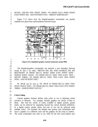 FM 3-20.971 (2d Coord Draft)
2-65
SEVEN—SOUTH ONE POINT ZERO—TO FROM ALFA ZERO EIGHT1
EAST POINT SIX—SOUTH POINT FIVE—ORIENT NORTHEAST.”2
3
Figure 2-13 shows how the brigade/squadron commander can quickly4
establish new phase lines and boundaries between troops.5
6
7
Figure 2-13. Establish graphic control measures using TIRS.8
9
10
The brigade/squadron commander can transmit a new boundary between11
troops B and C by radio: “BRAVO SIX SIX AND CHARLIE SIX SIX12
BOUNDARY IS FROM DELTA EIGHT ZERO EAST POINT NINE—13
NORTH POINT EIGHT—TO FROM DELTA NINE TWO EAST TWO—14
SOUTH THREE—TO FROM DELTA NINE TWO EAST ONE POINT15
NINE—SOUTH POINT ONE.”16
17
PL SPUR can be sent as “PL SPUR IS FROM DELTA NINE TWO18
WEST POINT NINE—TO FROM DELTA NINE TWO EAST FIVE POINT19
THREE—NORTH POINT SEVEN.”20
21
Color-Coding22
Current graphics doctrine defines what colors to use in depicting certain23
activities or elements. For example, friendly graphics are always in blue or24
black. But with the variety of colors available in digital systems, greater25
clarity can be achieved by expanding beyond the current doctrinal definitions.26
In a digital system, greater clarity and ease of use can be achieved using27
multiple colors. For example, the brigade may portray each subordinate task28
force’s graphics in a different color and the graphics for the troop in another.29
The troop commander may elect to use white for the first scout platoon and30
 