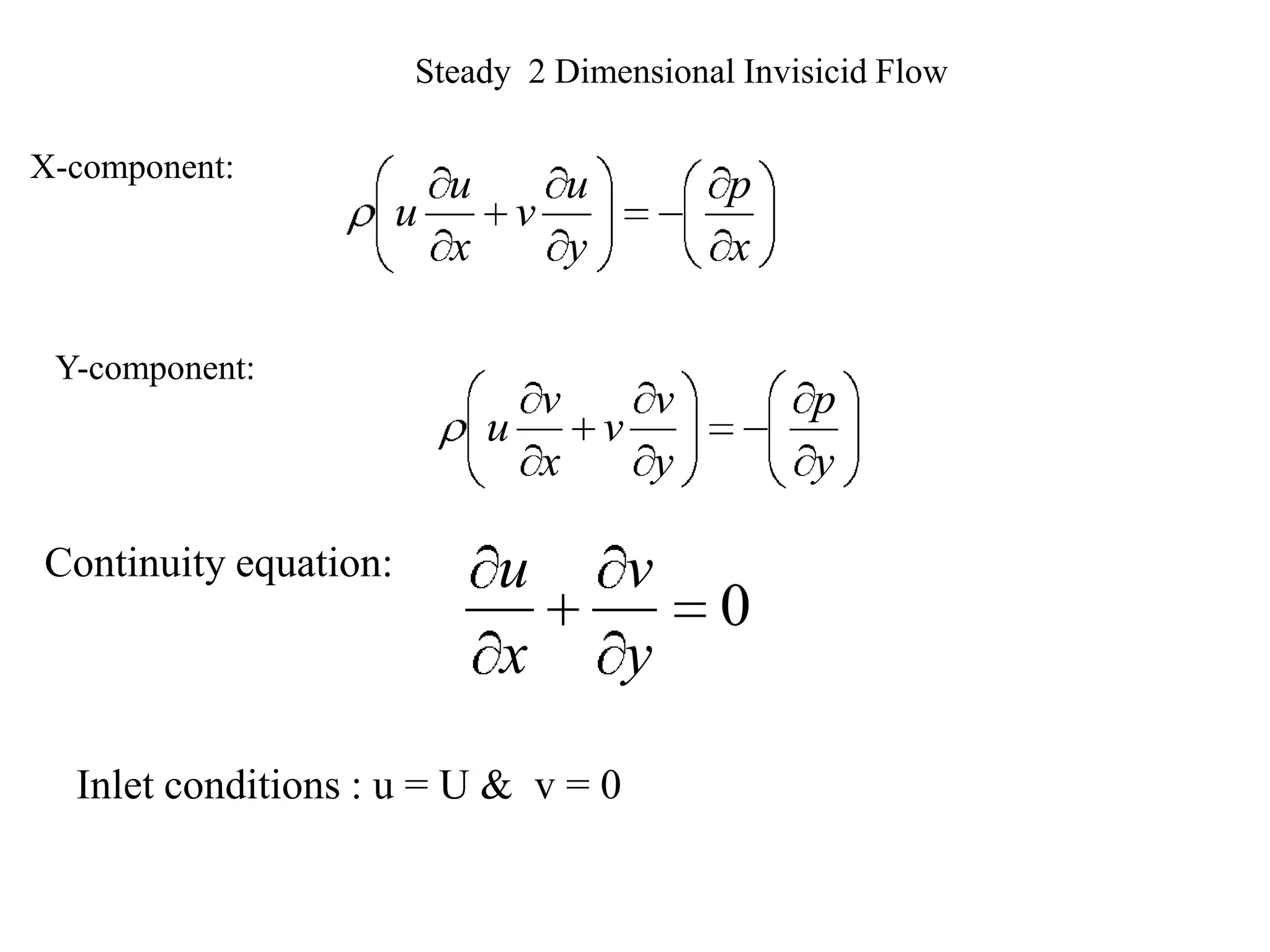 Steady 2 Dimensional Invisicid Flow

X-component:
                           u   u           p
                       u     v
                           x   y           x

 Y-component:
                              v   v              p
                            u   v
                              x   y              y

Continuity equation:        u        v
                                           0
                            x        y

  Inlet conditions : u = U & v = 0
 