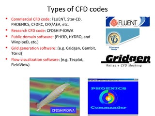 Types of CFD codes
 Commercial CFD code: FLUENT, Star-CD,
PHOENICS, CFDRC, CFX/AEA, etc.
 Research CFD code: CFDSHIP-IOWA
 Public domain software: (PHI3D, HYDRO, and
WinpipeD, etc.)
 Grid generation software: (e.g. Gridgen, Gambit,
TGrid)
 Flow visualization software: (e.g. Tecplot,
FieldView)
CFDSHIPIOWA
 