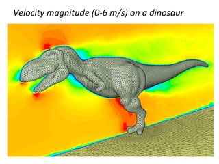 Velocity magnitude (0-6 m/s) on a dinosaur
 