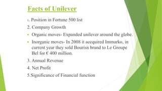 Facts of Unilever
1. Position in Fortune 500 list
2. Company Growth
 Organic moves- Expanded unilever around the globe.
 Inorganic moves- In 2008 it accquired Immarko, in
current year they sold Bourisn brand to Le Groupe
Bel for € 400 million.
3. Annual Revenue
4. Net Profit
5.Significance of Financial function
 