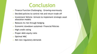 Conclusion
 Finance Function Challenging – Growing enormously
 Decided policies to control risk and return trade off
 Investment Vehicle- Univest-to implement strategic asset
allocation models
 Reduces its risk through hedging
 Economic slowdown sustained- Financial Policies
 High credit rating
 Proper debt-equity ratio
 Optimal WAC
 Met new regulatory demands
 