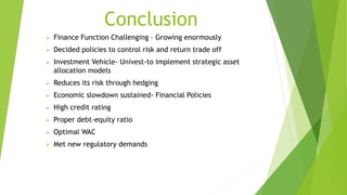 Conclusion
 Finance Function Challenging – Growing enormously
 Decided policies to control risk and return trade off
 I...