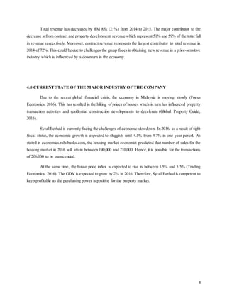 8
Total revenue has decreased by RM 85k (21%) from 2014 to 2015. The major contributor to the
decrease is from contract and property development revenue which represent 51% and 59% of the total fall
in revenue respectively. Moreover, contract revenue represents the largest contributor to total revenue in
2014 of 72%. This could be due to challenges the group faces in obtaining new revenue in a price-sensitive
industry which is influenced by a downturn in the economy.
4.0 CURRENT STATE OF THE MAJOR INDUSTRY OF THE COMPANY
Due to the recent global financial crisis, the economy in Malaysia is moving slowly (Focus
Economics, 2016). This has resulted in the hiking of prices of houses which in turn has influenced property
transaction activities and residential construction developments to decelerate (Global Property Guide,
2016).
Sycal Berhad is currently facing the challenges of economic slowdown. In 2016, as a result of tight
fiscal status, the economic growth is expected to sluggish until 4.5% from 4.7% in one year period. As
stated in economics.rabobanks.com, the housing market economist predicted that number of sales for the
housing market in 2016 will attain between 190,000 and 210,000. Hence,it is possible for the transactions
of 206,000 to be transcended.
At the same time, the house price index is expected to rise in between 3.5% and 5.5% (Trading
Economics, 2016). The GDV is expected to grow by 2% in 2016. Therefore,Sycal Berhad is competent to
keep profitable as the purchasing power is positive for the property market.
 