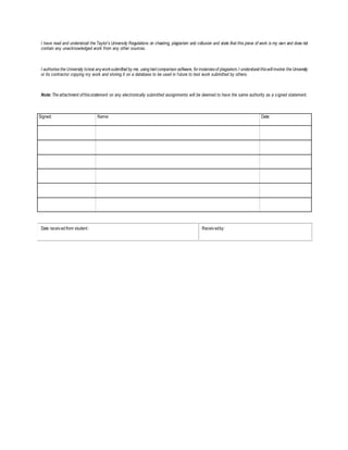 I have read and understood the Taylor’s University Regulations on cheating, plagiarism and collusion and state that this p...