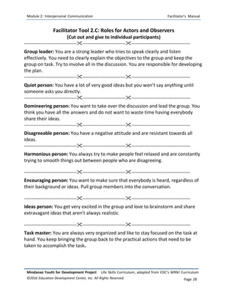 Module 2: Interpersonal Communication Facilitator’s Manual
Mindanao Youth for Development Project Life Skills Curriculum, adapted from EDC’s WRN! Curriculum
©2016 Education Development Center, Inc. All Rights Reserved. Page 28
Facilitator Tool 2.C: Roles for Actors and Observers
(Cut out and give to individual participants)
-------------------------------------------------------------------------------------------------
Group leader: You are a strong leader who tries to speak clearly and listen
effectively. You need to clearly explain the objectives to the group and keep the
group on task. Try to involve all in the discussion. You are responsible for developing
the plan.
-------------------------------------------------------------------------------------------------
Quiet person: You have a lot of very good ideas but you won’t say anything until
someone asks you directly.
-------------------------------------------------------------------------------------------------
Domineering person: You want to take over the discussion and lead the group. You
think you have all the answers and do not want to waste time having everybody
share their ideas.
-------------------------------------------------------------------------------------------------
Disagreeable person: You have a negative attitude and are resistant towards all
ideas.
-------------------------------------------------------------------------------------------------
Harmonious person: You always try to make people feel relaxed and are constantly
trying to smooth things out between people who are disagreeing.
-------------------------------------------------------------------------------------------------
Encouraging person: You want to make sure that everybody is heard, regardless of
their background or ideas. Pull group members into the conversation.
-------------------------------------------------------------------------------------------------
Ideas person: You get very excited in the group and love to brainstorm and share
extravagant ideas that aren’t always realistic.
-------------------------------------------------------------------------------------------------
Task master: You are always very organized and like to stay focused on the task at
hand. You keep bringing the group back to the practical actions that need to be
taken to accomplish the task.
 
