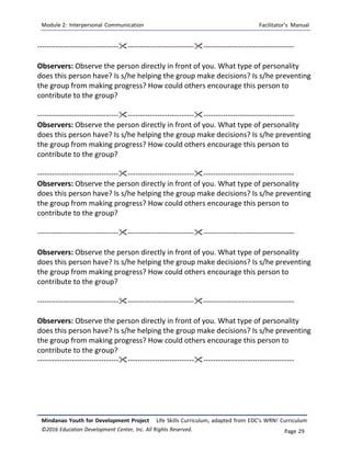 Module 2: Interpersonal Communication Facilitator’s Manual
Mindanao Youth for Development Project Life Skills Curriculum, adapted from EDC’s WRN! Curriculum
©2016 Education Development Center, Inc. All Rights Reserved. Page 29
-------------------------------------------------------------------------------------------------
Observers: Observe the person directly in front of you. What type of personality
does this person have? Is s/he helping the group make decisions? Is s/he preventing
the group from making progress? How could others encourage this person to
contribute to the group?
-------------------------------------------------------------------------------------------------
Observers: Observe the person directly in front of you. What type of personality
does this person have? Is s/he helping the group make decisions? Is s/he preventing
the group from making progress? How could others encourage this person to
contribute to the group?
-------------------------------------------------------------------------------------------------
Observers: Observe the person directly in front of you. What type of personality
does this person have? Is s/he helping the group make decisions? Is s/he preventing
the group from making progress? How could others encourage this person to
contribute to the group?
-------------------------------------------------------------------------------------------------
Observers: Observe the person directly in front of you. What type of personality
does this person have? Is s/he helping the group make decisions? Is s/he preventing
the group from making progress? How could others encourage this person to
contribute to the group?
-------------------------------------------------------------------------------------------------
Observers: Observe the person directly in front of you. What type of personality
does this person have? Is s/he helping the group make decisions? Is s/he preventing
the group from making progress? How could others encourage this person to
contribute to the group?
-------------------------------------------------------------------------------------------------
 