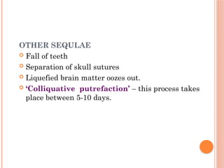 OTHER SEQULAE
 Fall of teeth
 Separation of skull sutures
 Liquefied brain matter oozes out.
 ‘Colliquative putrefaction’ – this process takes
place between 5-10 days.
 