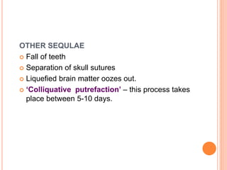 OTHER SEQULAE
 Fall of teeth
 Separation of skull sutures
 Liquefied brain matter oozes out.
 ‘Colliquative putrefaction’ – this process takes
place between 5-10 days.
 