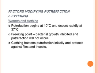 FACTORS MODIFYING PUTREFACTION
 EXTERNAL
Warmth and clothing
 Putrefaction begins at 10°C and occurs rapidly at
37°C.
 Freezing point – bacterial growth inhibited and
putrefaction will not occur.
 Clothing hastens putrefaction initially and protects
against flies and insects.
 