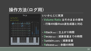 操作⽅法(ログ⽤)
いいかんじに実演
- Volume Ratio はそのままの意味
- ⾏毎の6個のsin波⽣成器と対応
- Attack(sec) : ⽴上がり時間
- Decay(sec) : 減衰⾳量までの時間
- Sustain(x100%) : 減衰⾳量
- Release(sec) : 余韻の時間
10
 