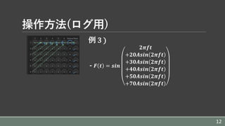 操作⽅法(ログ⽤)
例 3	)
- 𝑭 𝒕 = 𝒔𝒊𝒏
𝟐𝝅𝒇𝒕
+𝟐𝟎𝑨𝒔𝒊𝒏 𝟐𝝅𝒇𝒕
+𝟑𝟎𝑨𝒔𝒊𝒏 𝟐𝝅𝒇𝒕
+𝟒𝟎𝑨𝒔𝒊𝒏 𝟐𝝅𝒇𝒕
+𝟓𝟎𝑨𝒔𝒊𝒏 𝟐𝝅𝒇𝒕
+𝟕𝟎𝑨𝒔𝒊𝒏 𝟐𝝅𝒇𝒕
12
 