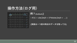 操作⽅法(ログ⽤)
例 7	(feedback))
- 𝑭 𝒕 = 𝒔𝒊𝒏(𝟐𝝅𝒇𝒕 + 𝟏𝟕𝟒𝑨𝒔𝒊𝒏(𝟐𝝅𝒇𝒕 +	… ))
(実装は⼀つ前の時点のデータを取ってる)
16
 