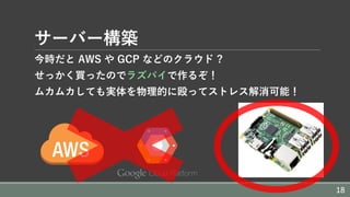 サーバー構築
今時だと AWS や GCP などのクラウド ?
せっかく買ったのでラズパイで作るぞ！
ムカムカしても実体を物理的に殴ってストレス解消可能！
18
 