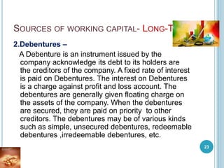 SOURCES OF WORKING CAPITAL- LONG-TERM
2.Debentures –
A Debenture is an instrument issued by the
company acknowledge its debt to its holders are
the creditors of the company. A fixed rate of interest
is paid on Debentures. The interest on Debentures
is a charge against profit and loss account. The
debentures are generally given floating charge on
the assets of the company. When the debentures
are secured, they are paid on priority to other
creditors. The debentures may be of various kinds
such as simple, unsecured debentures, redeemable
debentures ,irredeemable debentures, etc.
23
 