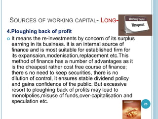 SOURCES OF WORKING CAPITAL- LONG-TERM
4.Ploughing back of profit
 It means the re-investments by concern of its surplus
earning in its business. it is an internal source of
finance and is most suitable for established firm for
its expansaion,modenisation,replacement etc.This
method of finance has a number of advantages as it
is the cheapest rather cost free course of finance;
there s no need to keep securities, there is no
dilution of control, it ensures stable dividend policy
and gains confidence of the public. But excessive
resort to ploughing back of profits may lead to
monolpolies,misuse of funds,over-capitalisation and
speculation etc. 25
 