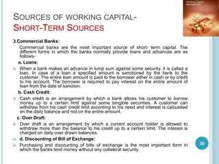 SOURCES OF WORKING CAPITAL-
SHORT-TERM SOURCES
3.Commercial Banks:
Commercial banks are the most important source of short- term capital. The
different forms in which the banks normally provide loans and advances are as
follows-
a. Loans:
 When a bank makes an advance in lump sum against some security, it is called a
loan. In case of a loan a specified amount is sanctioned by the bank to the
customer. The entire loan amount is paid to the borrower either in cash or by credit
to his account. The borrower is required to pay interest on the entire amount of
loan from the date of sanction.
b. Cash Credit:
 Cash credit is an arrangement by which a bank allows his customer to borrow
money up to a certain limit against some tangible securities. A customer can
withdraw from his cash credit limit according to his need and interest is calculated
on the daily balance and not on the entire amount.
c. Over Draft:
 Over draft is an arrangement by which a current account holder is allowed to
withdraw more than the balance to his credit up to a certain limit. The interest is
charged on daily over drawn balances.
 d. Discounting of Bill of Exchange:
 Purchasing and discounting of bills of exchange is the most important form in
which the banks lend money without any collateral security.
30
 