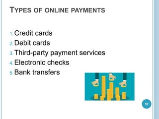 TYPES OF ONLINE PAYMENTS
1.Credit cards
2.Debit cards
3.Third-party payment services
4.Electronic checks
5.Bank transfers
57
 