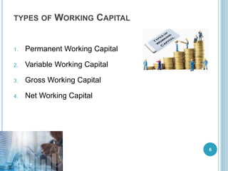 TYPES OF WORKING CAPITAL
1. Permanent Working Capital
2. Variable Working Capital
3. Gross Working Capital
4. Net Working Capital
6
 