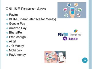 ONLINE PAYMENT APPS
 Paytm
 BHIM (Bharat Interface for Money)
 Google Pay
 Amazon Pay
 BharatPe
 Free-charge
 Airtel
 JIO Money
 MobiKwik
 PayUmoney
69
 