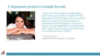 3. Repurpose content in multiple formats
“How can I leverage a single blog
post into more forms of content? For
example with this blog article, I would
also turn each tip into a visual for
Facebook and Instagram. Then put
those visuals together as a Slideshare.
Then take those images and throw in
a soundtrack for a video!”
~ Anne McColl,
copywriter and creative consultant
FandomMarketing.com ©2016 Fandom Marketing, Inc.
Photo source: LinkedIn
 