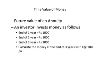 Time Value of Money
–Future value of an Annuity
–An investor invests money as follows
• End of 1 year =Rs 1000
• End of 2 ...