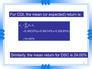 3
The MeanFor CGI, the mean (or expected) return is:
%00.14
%)20(20.0%)14(50.0%)10(30.0
3
1


n
nn xp
CGI

Similarly, the mean return for DSC is 24.00%
 