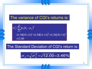 4
The variance of CGI’s returns is:
 
 
0012
142020014145001410300 222
1
22
.
)(..)(.
xp
N
n
xnnx




The Standard Deviation of CGI’s return is:
%46.300.122
 xx 
 