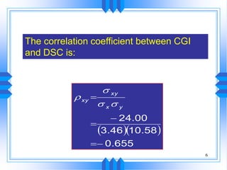 6
The correlation coefficient between CGI
and DSC is:
  
655.0
58.1046.3
00.24




yx
xy
xy



 