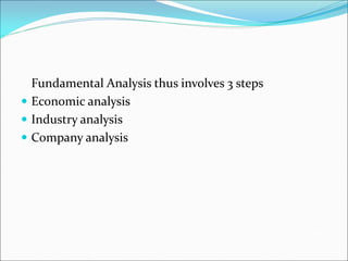 Fundamental Analysis thus involves 3 steps
 Economic analysis
 Industry analysis
 Company analysis
 