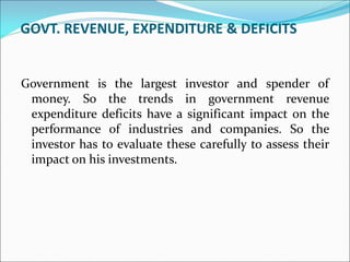 GOVT. REVENUE, EXPENDITURE & DEFICITS
Government is the largest investor and spender of
money. So the trends in government revenue
expenditure deficits have a significant impact on the
performance of industries and companies. So the
investor has to evaluate these carefully to assess their
impact on his investments.
 