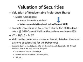 Valuation of Securities
– Valuation of Irredeemable Preference Shares
• Single Component
– Annual dividend Cash inflow
– V...