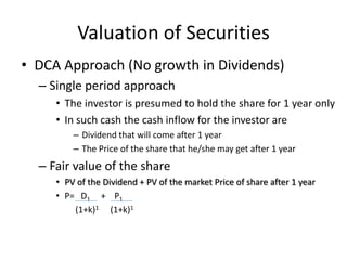 Valuation of Securities
• DCA Approach (No growth in Dividends)
– Single period approach
• The investor is presumed to hol...