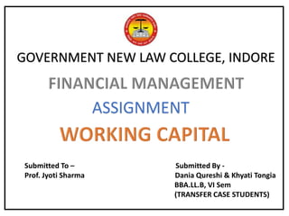 GOVERNMENT NEW LAW COLLEGE, INDORE
ASSIGNMENT
Submitted To – Submitted By -
Prof. Jyoti Sharma Dania Qureshi & Khyati Tongia
BBA.LL.B, VI Sem
(TRANSFER CASE STUDENTS)
 