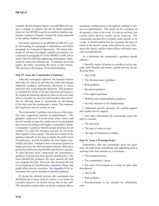 example, the Fire Support Annex to an OPORD will con-
tain a concept of support, but not an intent statement.
However, the OPORD issued to an artillery battalion sup-
porting a maneuver brigade contains the intent statement
of the artillery battalion commander.
The intent statement in an OPORD or OPLAN is af-
ter the heading for paragraph 3, Operations, and before
paragraph 3a, Concept of Operations. The intent state-
ments of the next two higher echelon commanders are
contained in paragraph 1b of the OPORD or OPLAN to
ensure that the staff and supporting commanders under-
stand the intent two echelons up. At battalion level and
higher, the order, containing the intent, is also written.
This decreases the chances of misunderstanding.
Step 15. Issue the Commander’s Guidance
After the commander approves the restated mission
and states his intent, he provides the staff with enough
additional guidance (preliminary decisions) to focus
staff activities in planning the operation. This guidance
is essential for timely COA development and analysis.
By stating the planning options he does or does not want
them to consider, he can save staff members time and ef-
fort by allowing them to concentrate on developing
COAs that meet the commander’s intent. The comman-
der’s guidance may be written or oral.
The commander’s guidance must focus on the essen-
tial tasks supporting mission accomplishment. The
guidance emphasizes in broad terms when, where, and
how he intends to mass his combat power to accomplish
the mission according to his higher commander’s intent.
Commander’s guidance should include priorities for all
combat, CS, and CSS elements and how he envisions
their support of his concept. The amount of detail in the
guidance depends on the time available, the staff’s level
of proficiency, and the flexibility the next higher com-
mander provides. Guidance that is broad and general in
nature provides the staff maximum latitude, allowing a
proficient staff to develop flexible and effective options.
As time becomes more constrained, the commander’s
guidance must become more specific and directive. The
more detailed the guidance, the more quickly the staff
can complete the plan. However, this increases the risk
of overlooking or insufficiently examining things that
might affect mission execution. See Appendix B for in-
formation that can be included in detailed guidance.
If, during the estimate process, the commander has
identified one or more decisive points, or an action he
considers decisive, he should convey this to the staff.
This should be a point where an enemy weakness allows
maximum combat power to be applied, leading to mis-
sion accomplishment. This point can be a location on
the ground, a time, or an event. It is not an end state, but
a point where decisive results can be achieved. The
commander can describe it verbally, with a sketch, or on
a map. It should explain how he visualizes the array of
forces at the decisive point, what effects he sees it hav-
ing on the enemy, and how these effects will lead to mis-
sion accomplishment.
As a minimum, the commander’s guidance should
address—
• Specific courses of action to consider or not to con-
sider, both friendly and enemy, and the priority for ad-
dressing them.
• The CCIR.
• The reconnaissance guidance.
• Risk guidance.
• Deception guidance.
• Fire support guidance.
• Mobility and countermobility guidance.
• Security measures to be implemented.
• Additional specific priorities for combat support
and combat service support.
• Any other information the commander wants the
staff to consider.
• The time plan.
• The type of order to issue.
• The type of rehearsal to conduct.
Step 16. Issue a Warning Order
Immediately after the commander gives his guid-
ance, the staff sends subordinate and supporting units a
warning order that contains, as a minimum—
• The restated mission.
• The commander’s intent.
• The unit’s AO (a sketch, an overlay, or some other
description).
• The CCIR.
• Risk guidance.
• Reconnaissance to be initiated by subordinate
units.
5-10
FM 101-5
 