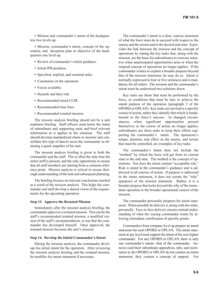 • Mission and commander’s intent of the headquar-
ters two levels up.
• Mission, commander’s intent, concept of the op-
eration, and deception plan or objective of the head-
quarters one level up.
• Review of commander’s initial guidance.
• Initial IPB products.
• Specified, implied, and essential tasks.
• Constraints on the operation.
• Forces available.
• Hazards and their risk.
• Recommended initial CCIR.
• Recommended time lines.
• Recommended restated mission.
The mission analysis briefing should not be a unit
readiness briefing. Staff officers must know the status
of subordinate and supporting units and brief relevant
information as it applies to the situation. The staff
should develop standardized charts to monitor and con-
solidate this type of data to assist the commander in ob-
taining a quick snapshot of his unit.
The mission analysis briefing is given to both the
commander and the staff. This is often the only time the
entire staff is present, and the only opportunity to ensure
that all staff members are starting from a common refer-
ence point. Mission analysis is critical to ensure thor-
ough understanding of the task and subsequent planning.
The briefing focuses on relevant conclusions reached
as a result of the mission analysis. This helps the com-
mander and staff develop a shared vision of the require-
ments for the upcoming operation.
Step 13. Approve the Restated Mission
Immediately after the mission analysis briefing, the
commander approves a restated mission. This can be the
staff’s recommended restated mission, a modified ver-
sion of the staff’s recommendation, or one that the com-
mander has developed himself. Once approved, the
restated mission becomes the unit’s mission.
Step 14. Develop the Initial Commander’s Intent
During the mission analysis, the commander devel-
ops his initial intent for the operation. After reviewing
the mission analysis briefing and the restated mission,
he modifies his intent statement if necessary.
The commander’s intent is a clear, concise statement
of what the force must do to succeed with respect to the
enemy and the terrain and to the desired end state. It pro-
vides the link between the mission and the concept of
operations by stating the key tasks that, along with the
mission, are the basis for subordinates to exercise initia-
tive when unanticipated opportunities arise or when the
original concept of operations no longer applies. If the
commander wishes to explain a broader purpose beyond
that of the mission statement, he may do so. Intent is
normally expressed in four or five sentences and is man-
datory for all orders. The mission and the commander’s
intent must be understood two echelons down.
Key tasks are those that must be performed by the
force, or conditions that must be met, to achieve the
stated purpose of the operation (paragraph 2 of the
OPORD or OPLAN). Key tasks are not tied to a specific
course of action, rather they identify that which is funda-
mental to the force’s success. In changed circum-
stances, when significant opportunities present
themselves or the course of action no longer applies,
subordinates use these tasks to keep their efforts sup-
porting the commander’s intent. The operations’s
tempo, duration, and effect on the enemy, and terrain
that must be controlled, are examples of key tasks.
The commander’s intent does not include the
“method” by which the force will get from its current
state to the end state. The method is the concept of op-
erations. Nor does the intent contain “acceptable risk.”
Risk is stated in the commander’s guidance and is ad-
dressed in all courses of action. If purpose is addressed
in the intent statement, it does not restate the “why”
(purpose) of the mission statement. Rather, it is a
broader purpose that looks beyond the why of the imme-
diate operation to the broader operational context of the
mission.
The commander personally prepares his intent state-
ment. When possible he delivers it, along with the order,
personally. Face-to-face delivery ensures mutual under-
standing of what the issuing commander wants by al-
lowing immediate clarification of specific points.
Commanders from company level up prepare an intent
statement for each OPORD or OPLAN. The intent state-
ment at any level must support the intent of the next higher
commander. For any OPORD or OPLAN, there is only
one commander’s intent—that of the commander. An-
nexes (and their subordinate appendixes, tabs, and enclo-
sures) to the OPORD or OPLAN do not contain an intent
statement; they contain a concept of support. For
5-9
FM 101-5
 