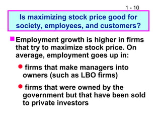 1 - 10
Is maximizing stock price good for
society, employees, and customers?
Employment growth is higher in firms
that try to maximize stock price. On
average, employment goes up in:
firms that make managers into
owners (such as LBO firms)
firms that were owned by the
government but that have been sold
to private investors
 