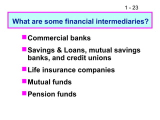 1 - 23
Commercial banks
Savings & Loans, mutual savings
banks, and credit unions
Life insurance companies
Mutual funds
Pension funds
What are some financial intermediaries?
 
