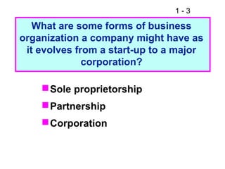1 - 3
Sole proprietorship
Partnership
Corporation
What are some forms of business
organization a company might have as
it evolves from a start-up to a major
corporation?
 