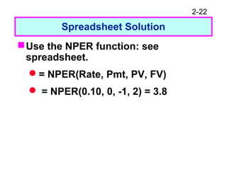 2-22
Spreadsheet Solution
Use the NPER function: see
spreadsheet.
= NPER(Rate, Pmt, PV, FV)
 = NPER(0.10, 0, -1, 2) = 3.8
 