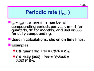 2-46
Periodic rate (iPer )
 iPer = iNom/m, where m is number of
compounding periods per year. m = 4 for
quarterly, 12 for monthly, and 360 or 365
for daily compounding.
 Used in calculations, shown on time lines.
 Examples:
8% quarterly: iPer = 8%/4 = 2%.
8% daily (365): iPer = 8%/365 =
0.021918%.
 